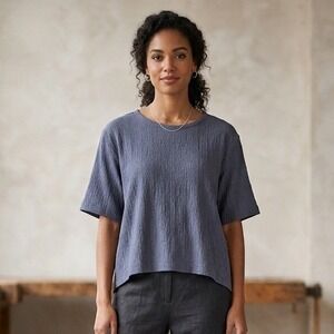 Kindred Spirit Blouse Womens Size L Blue Textured Knit Top Rayon Cotton Vintage